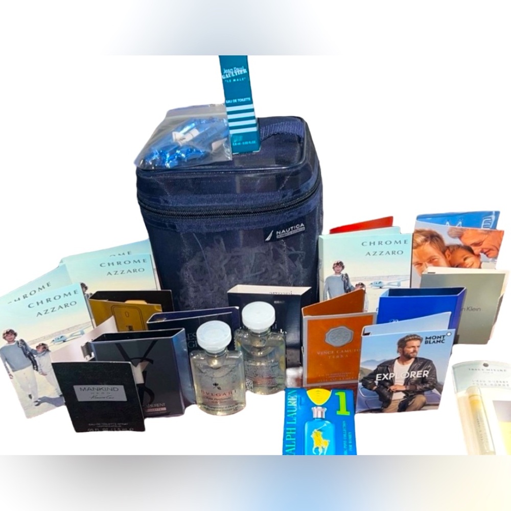 Men’s Cologne Bundle w/ Nautica men’s bag Over 20 High end Sample Mens Cologne!